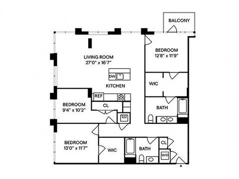 Floor plan for 3 beds, 2 baths, 1654 sqft